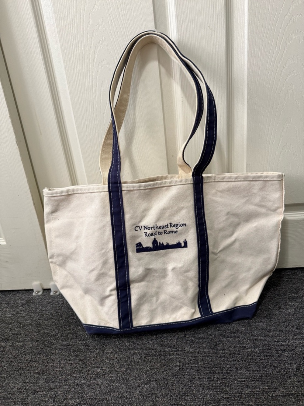 L.L. Bean Cream Canvas Tote with Navy Trim